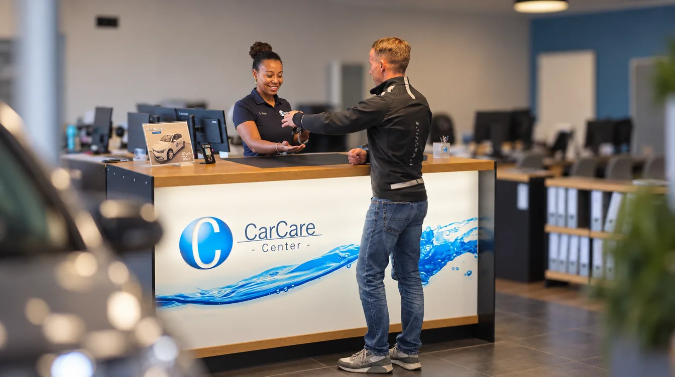 Kunde übergibt am Empfangstresen des CarCare Center Leipzig seinen Fahrzeugschlüssel an unsere Mitarbeiterin.