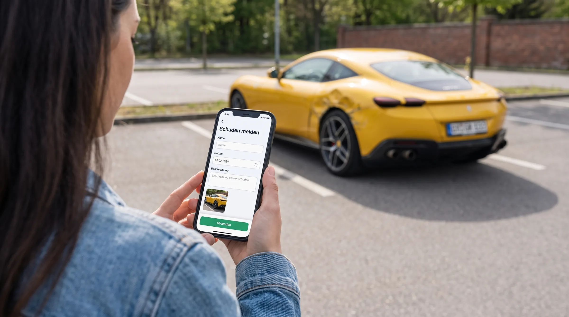 Autofahrerin meldet ihren Unfallschaden unterwegs per Smartphone über die Online-Schadenseite des CarCare Center Leipzig, im Hintergrund das beschädigte Fahrzeug.
