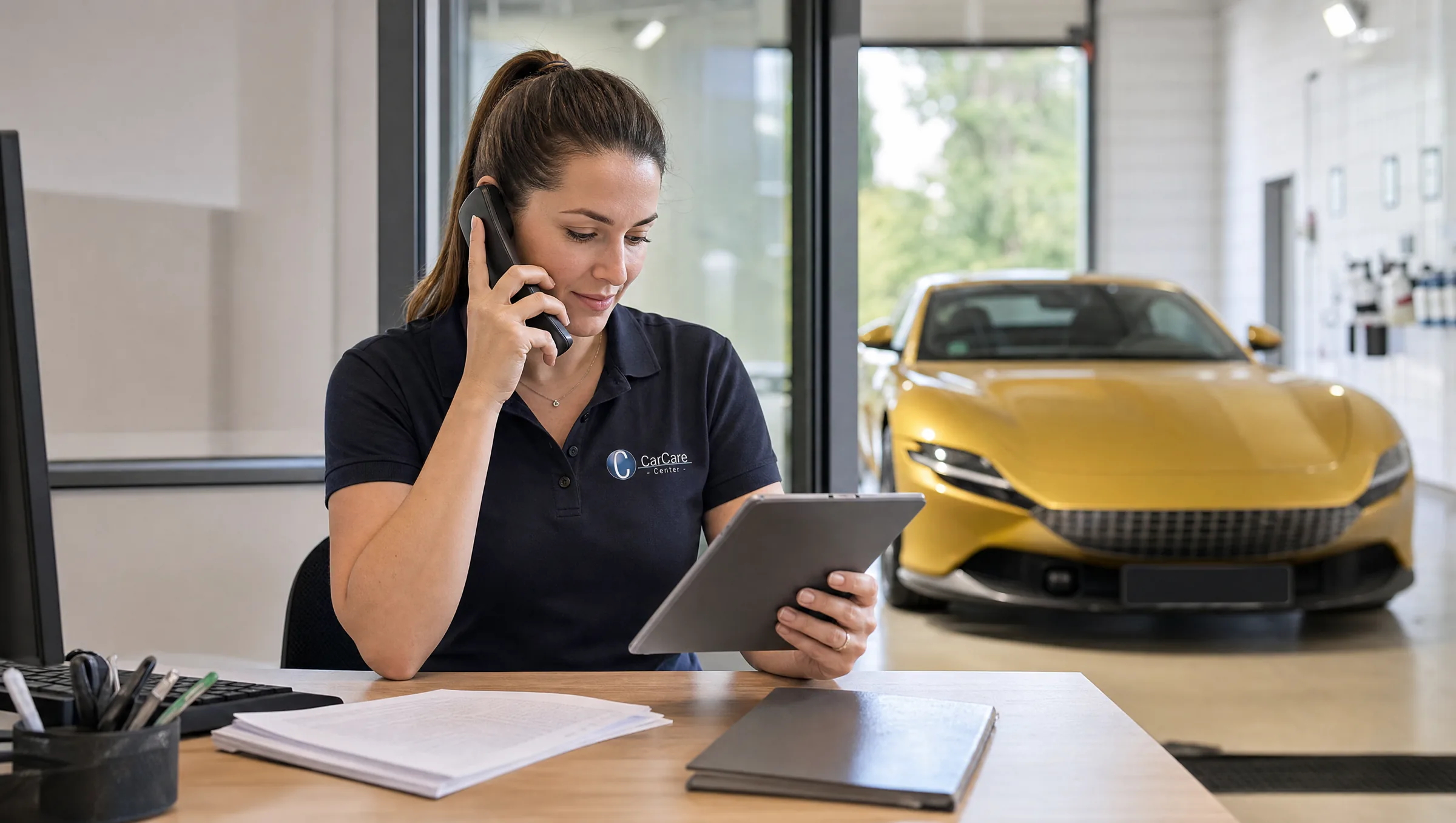 Unsere Mitarbeiterin klärt am Telefon mit Tablet und Unterlagen die Versicherungsabwicklung eines Schadenfalls.